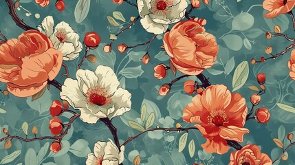 Vintage floral wallpaper pattern with detailed blossoms