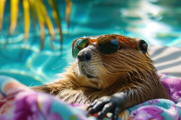 a beaver wearing sunglasses on a towel near a swimming pool