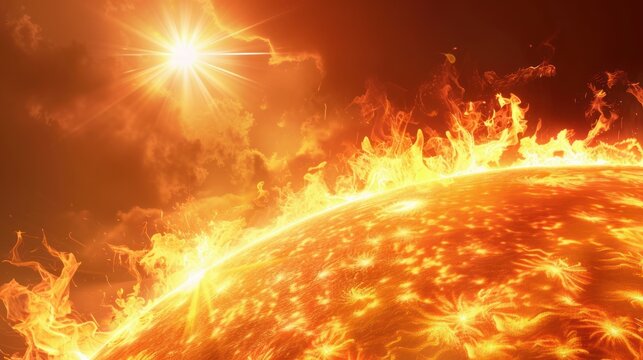 3d illustration Sun surface with burning solar flares red background. AI generated image