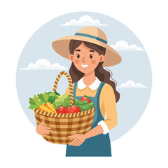 Farming and agriculture, harvesting. Female farmer in uniform holds basket of ripe vegetables. Illustration. Vector