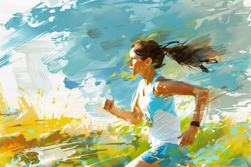 Running female athlete in sportswear. Energetic young woman. Marathon runner. Sport. Acrylic painting background made with paint strokes. Illustration for cover, card, interior design, brochure,