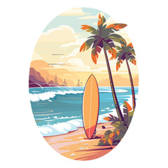 Fototapeta na wymiar Beautiful marine landscape with colored surfboard -