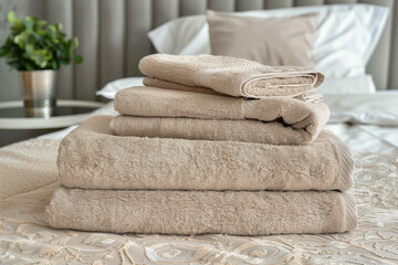 Fototapeta na wymiar Stack of beige clean towels on table in on bed in bedroom with copy space.