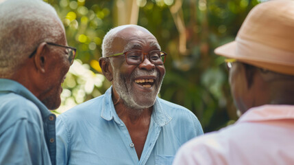 Senior men with smiles engage in a card game outdoors.