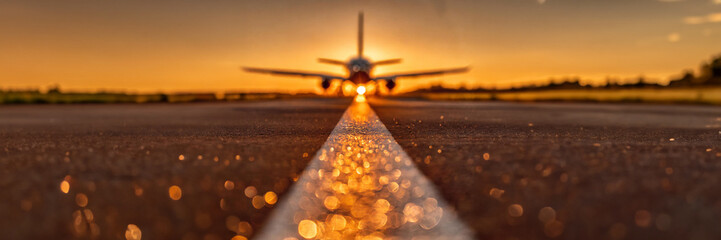 A rear view of a A private corporate jet is silhouetted against the sun at dawn or sunset, in the foreground the runway sparkles with the suns reflected light in shallow depth of field. - obrazy, fototapety, plakaty