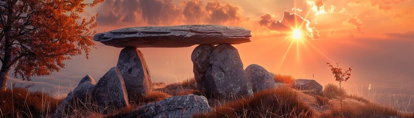 Ancient dolmen at sunset, mystical past, stone monument - obrazy, fototapety, plakaty