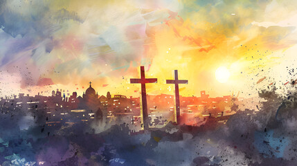 Easter, Golgotha, place of Skull, Jesus christ implar at sunset over the city. Crucifixion  - obrazy, fototapety, plakaty