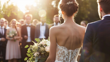 A bride holding a bouquet faces the groom with bridesmaids in the background. - obrazy, fototapety, plakaty