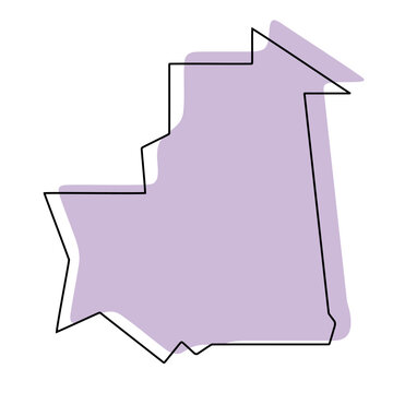 recommend clip art: Mauritania country simplified map. Violet silhouette with thin black smooth contour outline isolated on white background. Simple vector icon