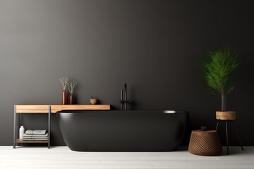 Interior of modern bathroom with gray walls, tiled floor, comfortable white bathtub and wooden shelf with potted plants.