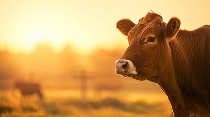 Pastoral Serenity: A majestic cow stands gracefully on the right side of the image, its gaze calm and serene, against the softly blurred backdrop of a sprawling farm at dawn.