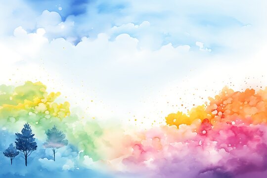Rainbow meadow background. Watercolor painting. Vector illustration.