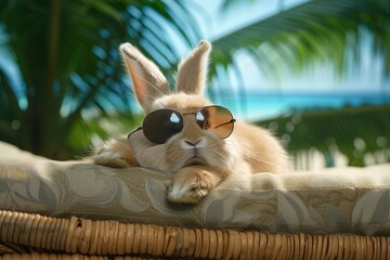 Cute little rabbit in sunglasses lying on the sunbed on the beach. - obrazy, fototapety, plakaty