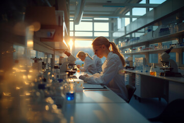 Scientists working in a laboratory at sunset - obrazy, fototapety, plakaty