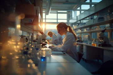 Muurstickers Scientists working in a laboratory at sunset © Connect Images AI