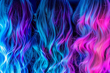 Three beautiful girls with hair coloring in blond. Stylish hairstyle curls done in a beauty salon. Beauty, cosmetics and makeup . Beautiful girl in a neon light, blue and violet colors