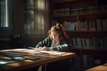 Student immersed in studying at a library with sunlight streaming in. - obrazy, fototapety, plakaty