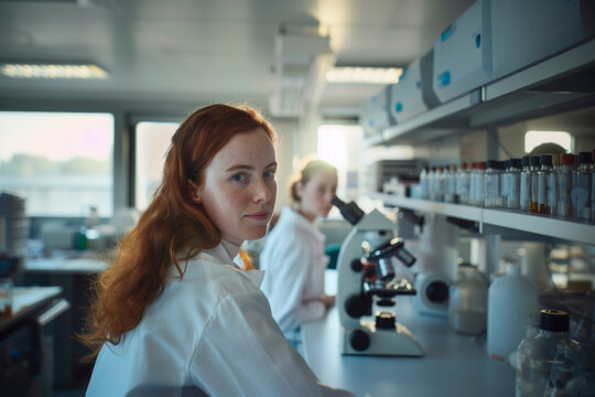 Scientist in a lab with a microscope.