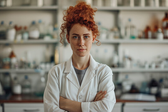 Confident redhead scientist in a lab coat with arms crossed.