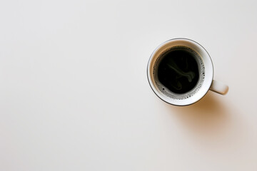 White coffee cup/mug with hot black coffee, isolated design element, top view/flat lay