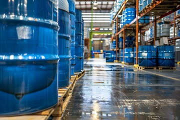 Drum Pallets of Liquid Chemicals in Blue at Warehouse, Ready for Delivery to Industrial Customers. Concept Chemical Warehousing, Liquid Drum Pallets, Industrial Deliveries, Blue Containers
