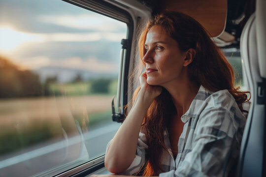 Woman gazing out of a car window at sunset.