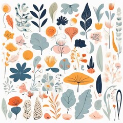 A collection of seamless pattern, colorful abstract plants and flowers. Hand drawn Collection of leaves and flowers. A close up of a pattern of flowers and leaves.
