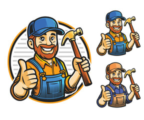 Mascot design of a handyman cartoon character holding a hammer and doing a thumb up,