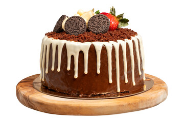 Chocolate and strawberry cake isolated on white background. Chocolate and fruit birthday cake on wooden serving board