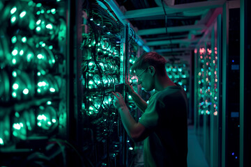 Technician inspecting server racks in a data center.