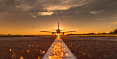A rear view of a jet is silhouetted against the sun at dawn or sunset, in the foreground the runway sparkles with the suns reflected light in shallow depth of field. - obrazy, fototapety, plakaty