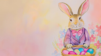 Watercolor drawing with an adorable Easter bunny with a basket of Easter eggs in pastel colors on a soft pink background idea for a postcard