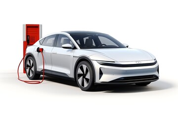 Modern electric car with charging station on a white background with a shadow