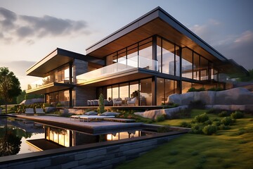 3d rendering of modern cozy house with pool and parking for sale or rent in luxurious style. Sunset in background. - obrazy, fototapety, plakaty
