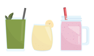 Homemade smoothies illustration. Group of different healthy drinks including green juice, banana smoothie and berry smoothie. Flat vector graphic style isolated on white background. 