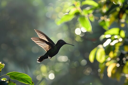 A calibri bird flies towards a plant against the backdrop of sun rays in a tropical forest. Background blurred