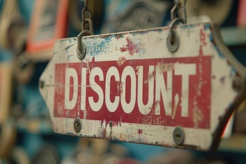 Hanging weathered sign with the text "DISCOUNT"