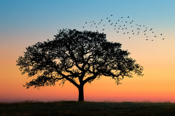 Fototapeta na wymiar Beautiful photo of large tree against the backdrop of the setting sun and birds flying past. Summer sunset
