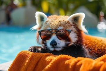 Red panda in sunglasses lying on the sunbed near swimming pool