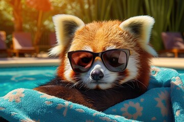 Red panda in sunglasses lying on sunbed near swimming pool