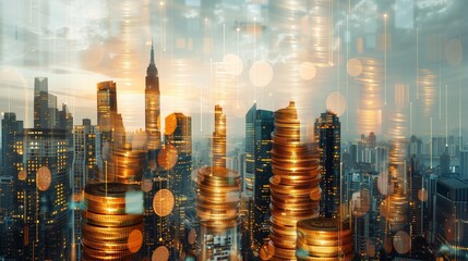 Sophisticated Double Exposure Blending a Luminous Cityscape with Rows of Gold Coins Illuminating Finance and Banking Success. - obrazy, fototapety, plakaty