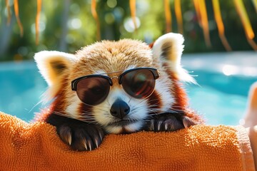 Red panda in sunglasses lying on the sunbed near swimming pool.