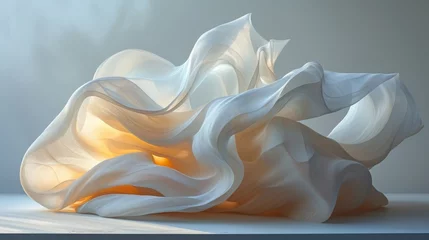 Fotobehang An elegant digital render of a soft fabric drapery with a warm light source, suggesting serenity and fluidity, ideal for luxurious branding. © Zhanna
