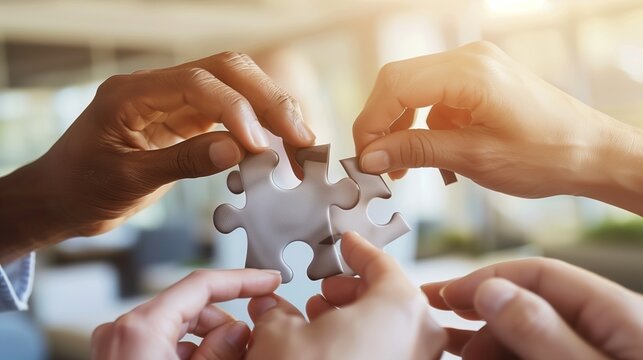 Strategic Unity: A group of hands, diverse in skin tone and attire, comes together to fit the final piece of a jigsaw puzzle against a backdrop of soft-focused office space.