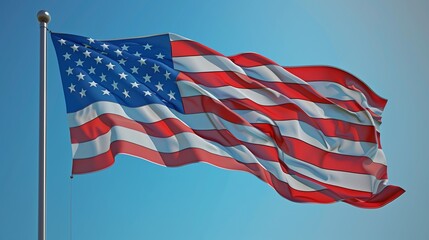 The American flag, elegantly unfurling against a clear blue sky, its stars and stripes rendered in stunning detail.