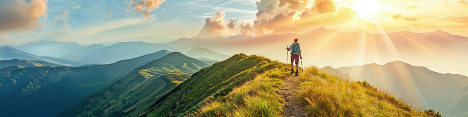 A man stands atop a vibrant green hillside, surrounded by lush vegetation and a clear sky - obrazy, fototapety, plakaty