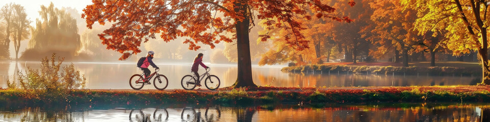 Two individuals are biking together in a park along the lakeside, enjoying the outdoor activity and nature around them