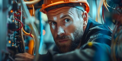 Electrician focused on repairing wiring in electrical equipment in a closeup shot. Concept Electrical Repair, Closeup Shot, Wiring Inspection, Equipment Maintenance, Electrician at Work