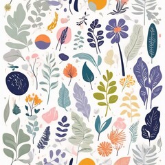 A collection of seamless pattern, colorful abstract plants and flowers. Hand drawn Collection of leaves and flowers. A close up of a pattern of flowers and leaves.
