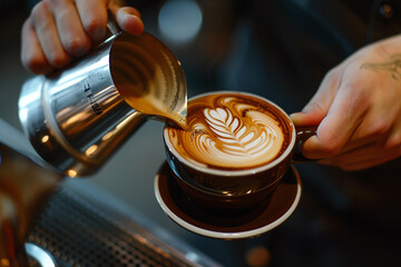Close-up photo of the hands of barista making coffee and drawing on it. Cozy morning with a cup of...